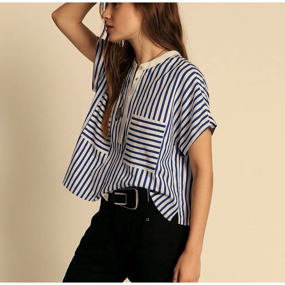 HARSHMAN New RANA POPOVER Shirt Blouse Top SMALL Blue White Indigo Stripe Cotton